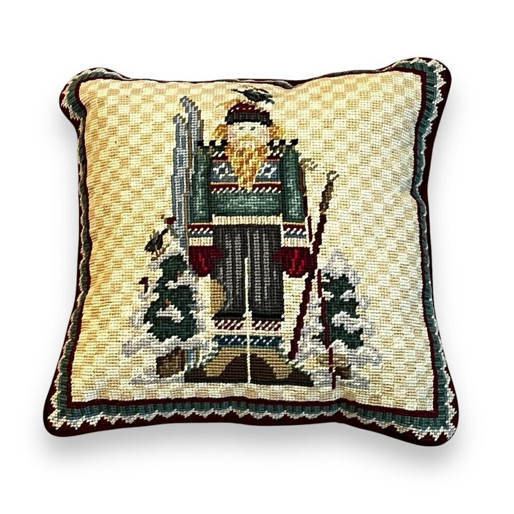 Debbie Mumm Christmas Pillow Needlepoint 14" Square NEW Nordic Skier Wool Velvet